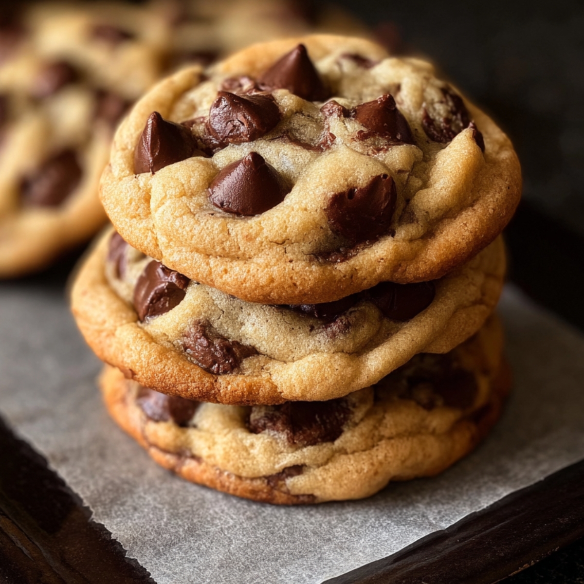 Freshly baked homemade chocolate chip cookies on a cooling rack with gooey chocolate centers.