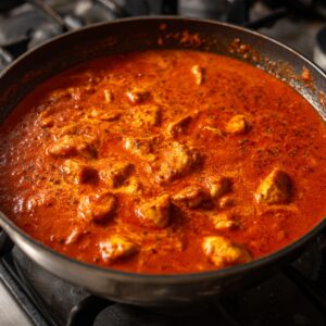 Chunks of chicken simmering in a pan of bright red tomato-based curry sauce on the stovetop.