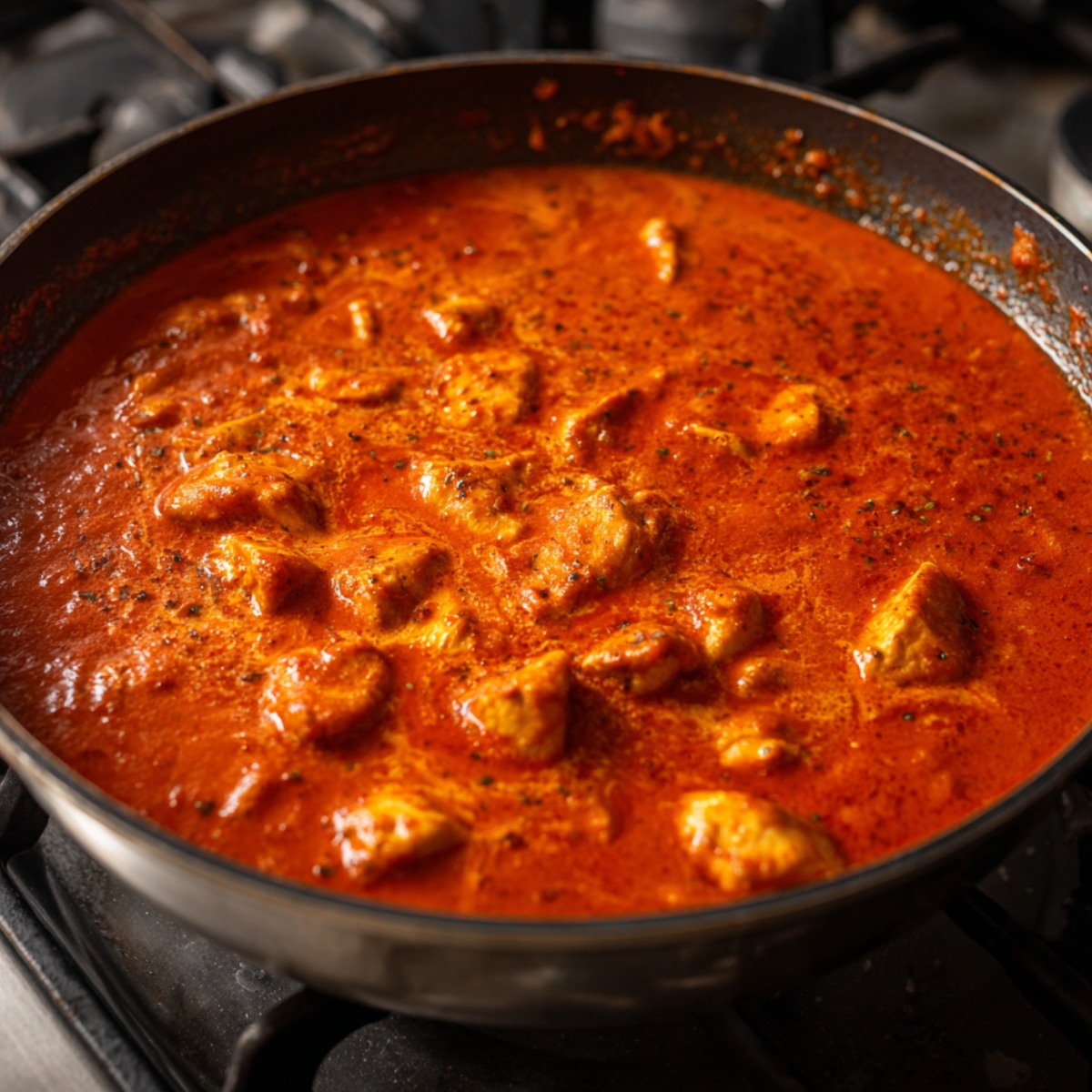 Chunks of chicken simmering in a pan of bright red tomato-based curry sauce on the stovetop.