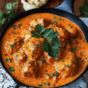 A skillet of creamy butter chicken garnished with fresh coriander, placed on a lace cloth with naan on the side.