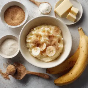 A bowl of mashed banana batter topped with sliced bananas and brown sugar, surrounded by fresh bananas, butter, flour, and sugar in bowls on a light background.