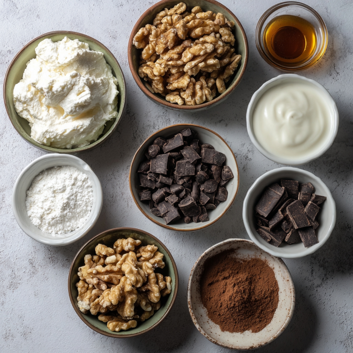 An assortment of baking ingredients in small bowls, including walnuts, chunks of chocolate, cocoa powder, powdered sugar, cream, yogurt, and a small glass of vanilla extract.