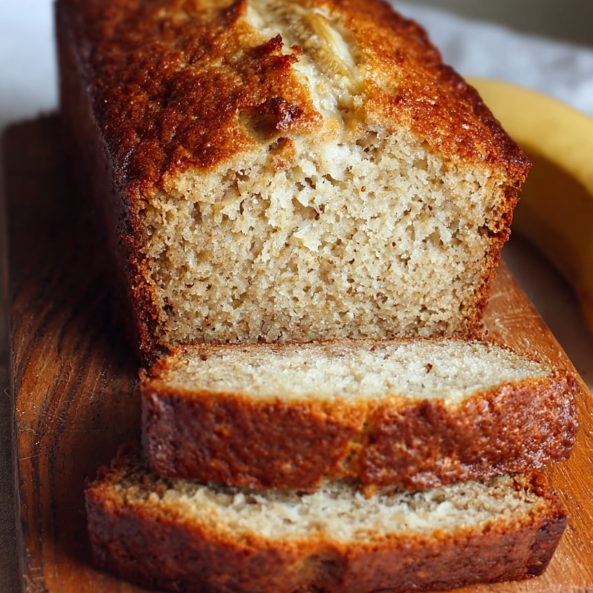 A golden loaf of banana bread sliced into pieces on a wooden board, with a ripe banana in the background.