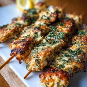 Homemade ranch garlic parmesan chicken skewers, golden, crispy, and topped with parsley.