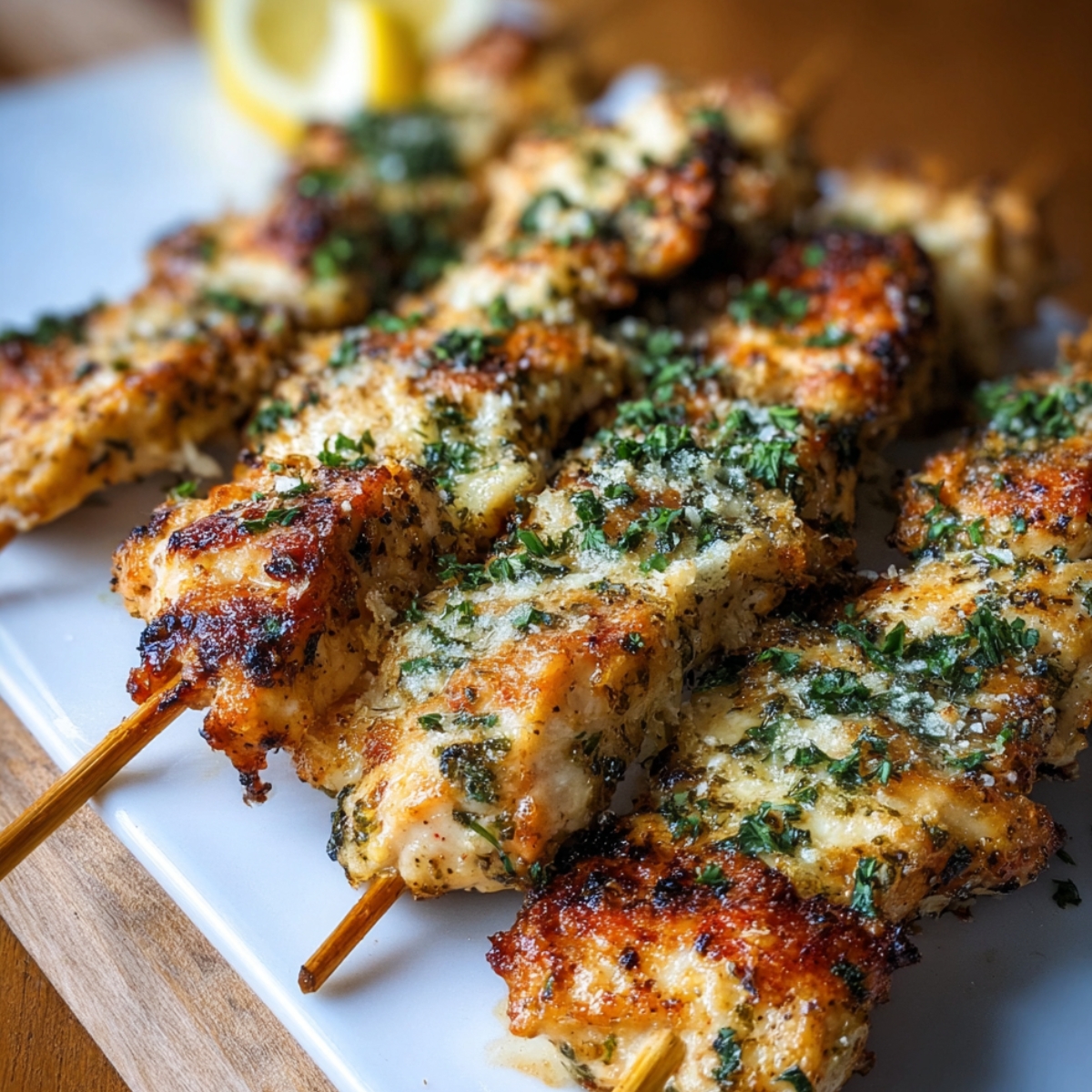 Homemade ranch garlic parmesan chicken skewers, golden, crispy, and topped with parsley.