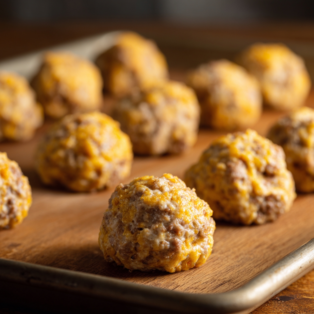 aw sausage balls on a baking sheet before cooking.