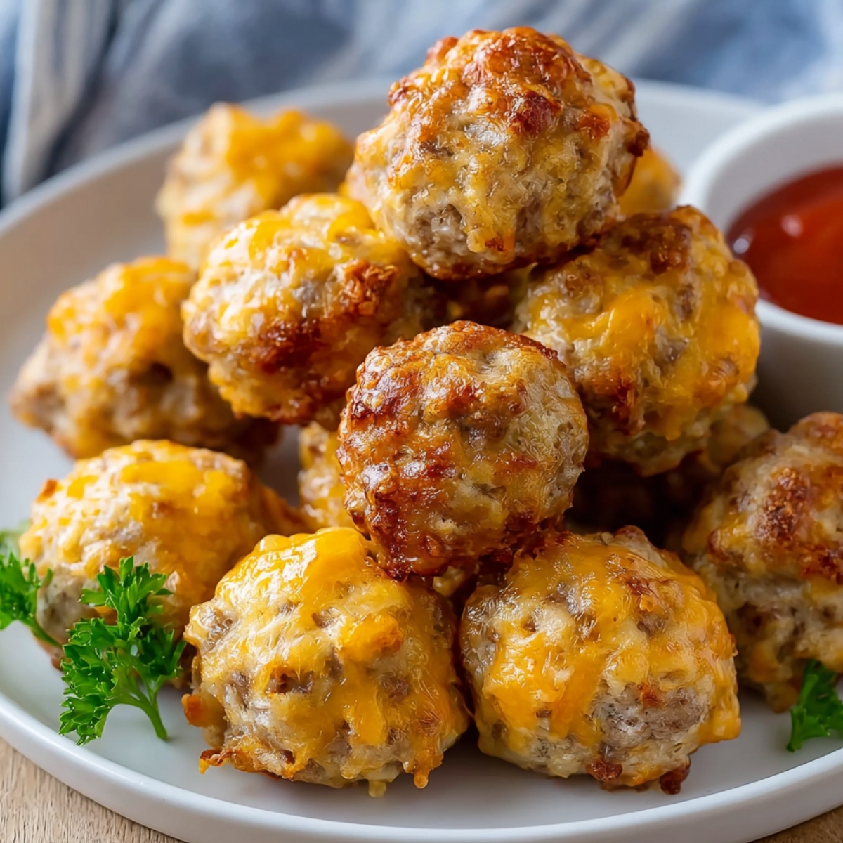 Pile of crispy sausage balls on a plate with parsley and a side of ketchup.