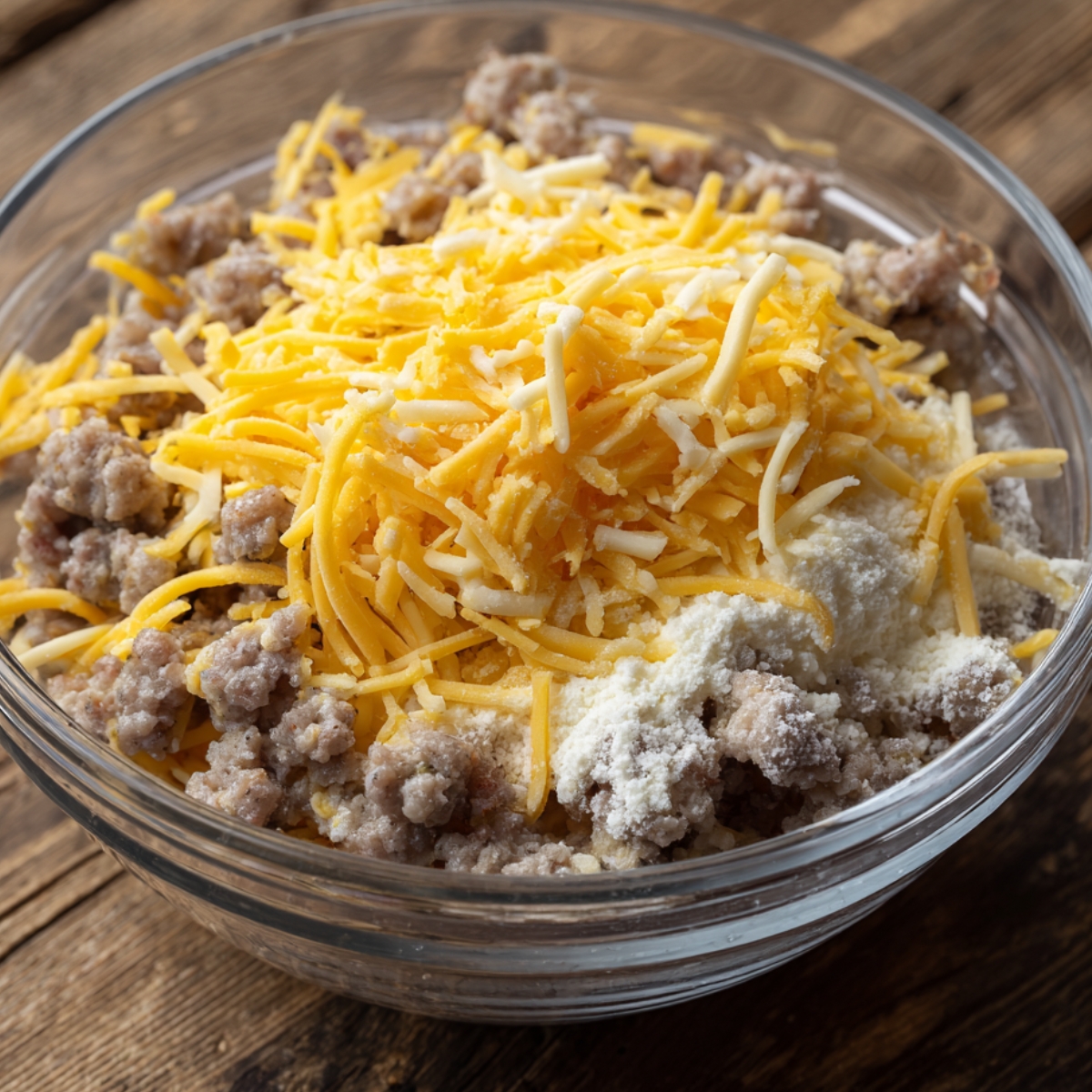 Mixing bowl filled with cooked sausage, shredded cheese, and baking mix.