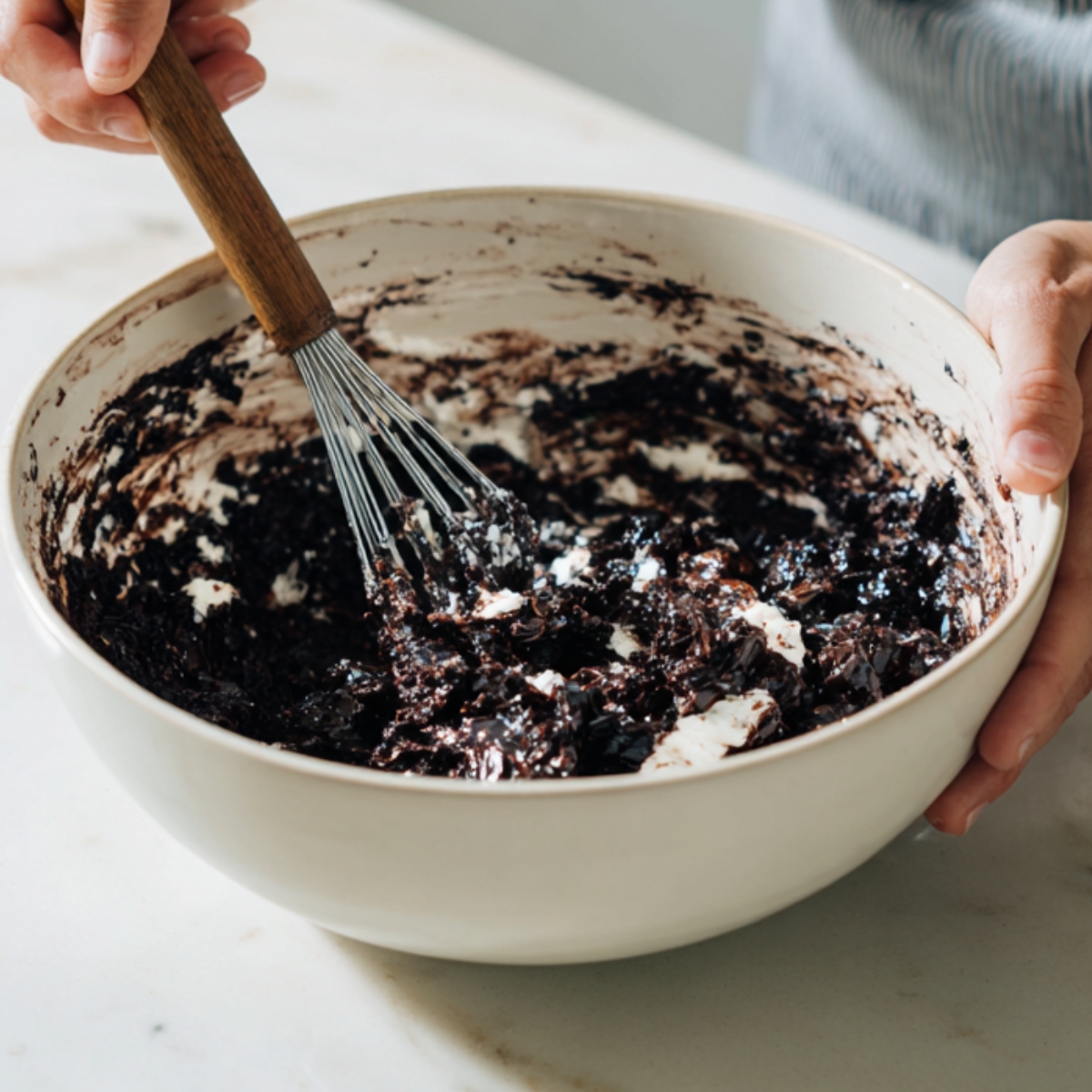 Hands whisking chocolate cake batter in a large mixing bowl