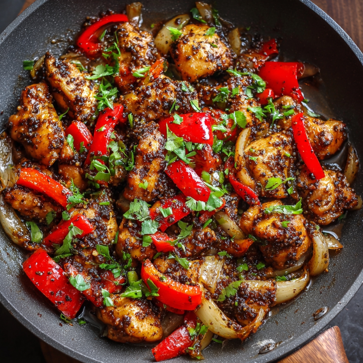 Black pepper chicken stir-fry with red bell peppers, onions, and cilantro in a rich pepper sauce inside a frying pan.