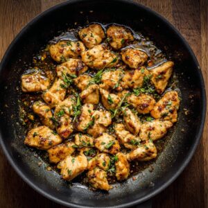 Golden brown chicken pieces pan-fried in a skillet, garnished with fresh herbs and cooked in a light pepper sauce.