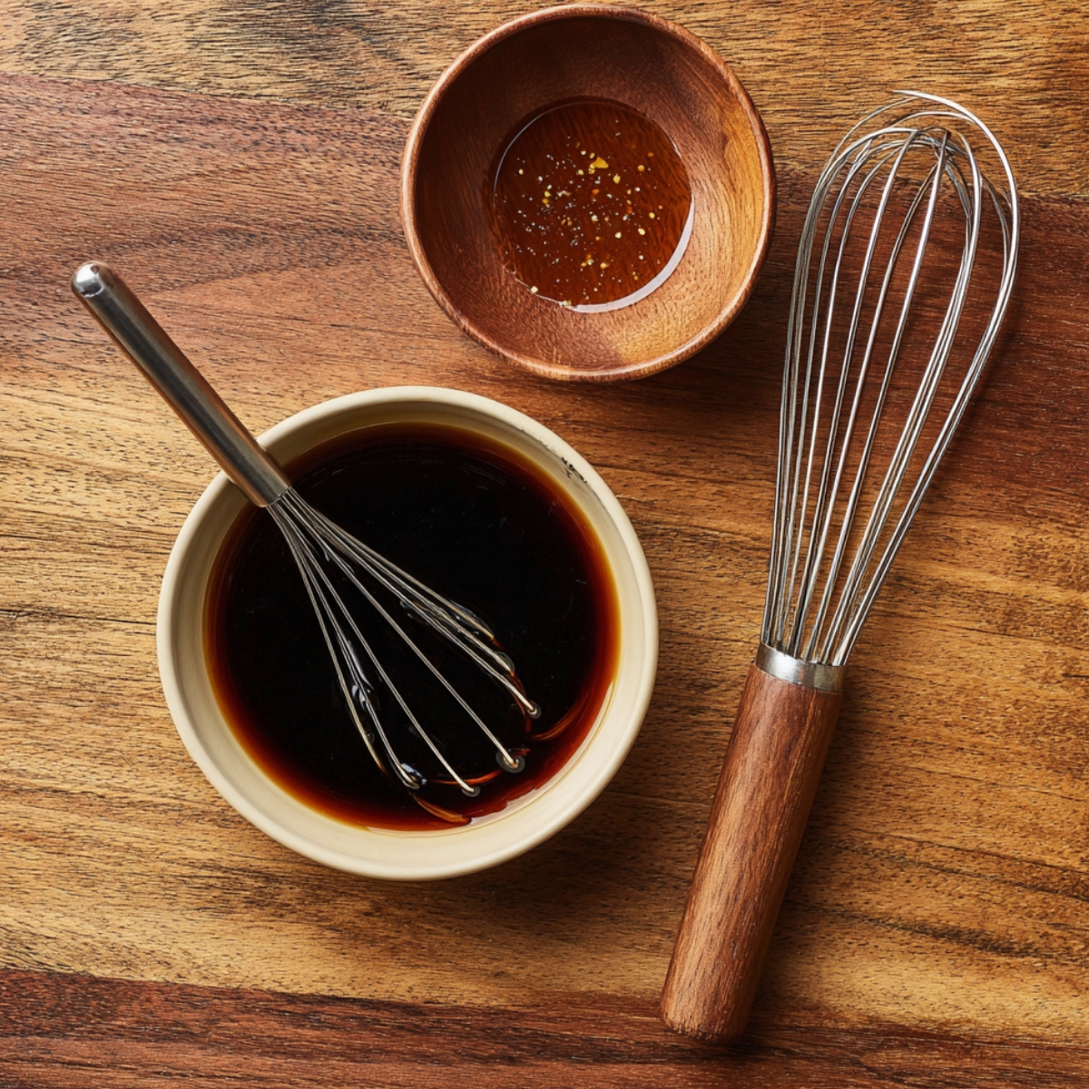 Soy sauce mixture with a whisk in a ceramic bowl, alongside a small wooden bowl of honey and a whisk on a wooden surface.