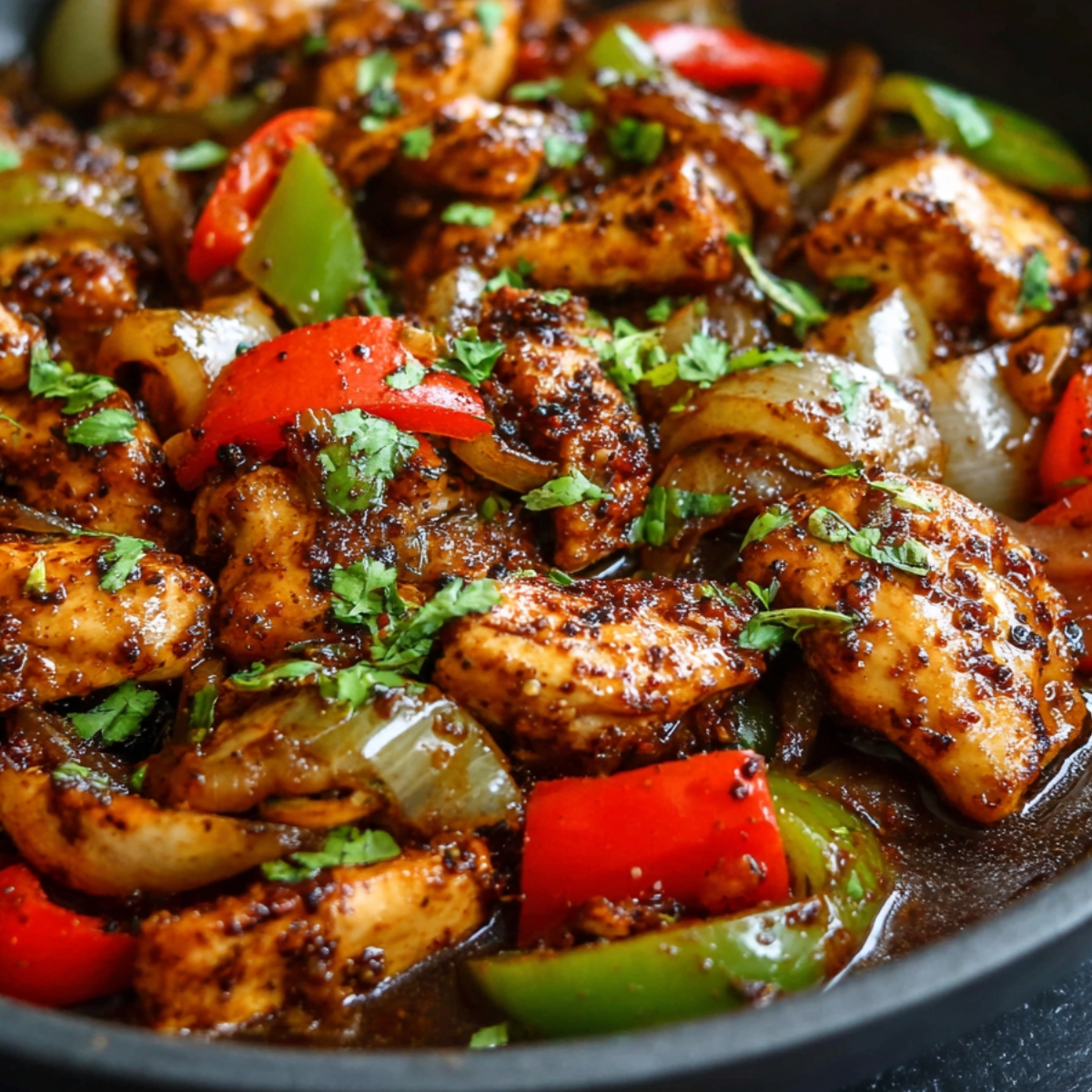 Cooked black pepper chicken stir-fry with tender chicken pieces, red and green bell peppers, onions, and fresh cilantro garnish in a rich pepper sauce.
