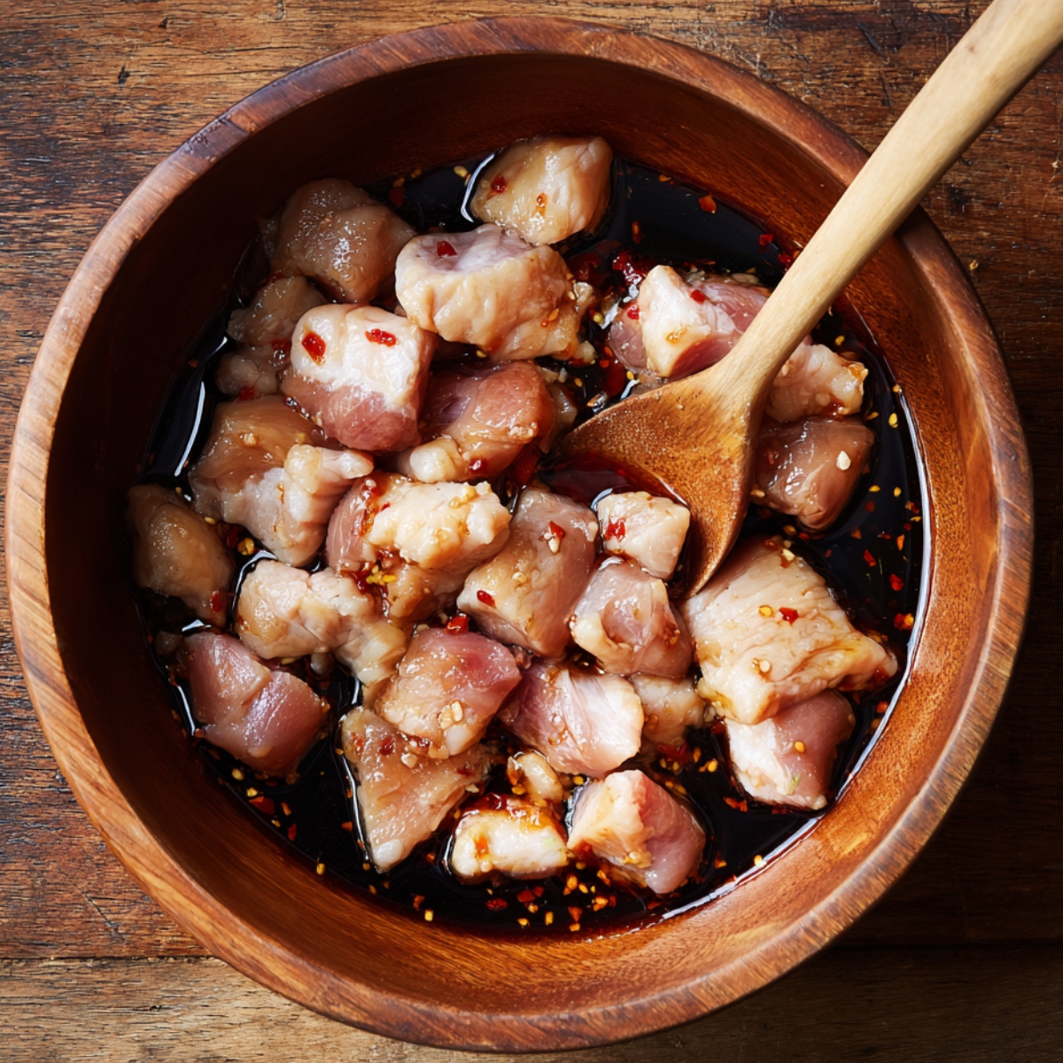 Raw chicken pieces marinating in soy sauce with garlic and chili flakes in a wooden bowl, stirred with a wooden spoon.