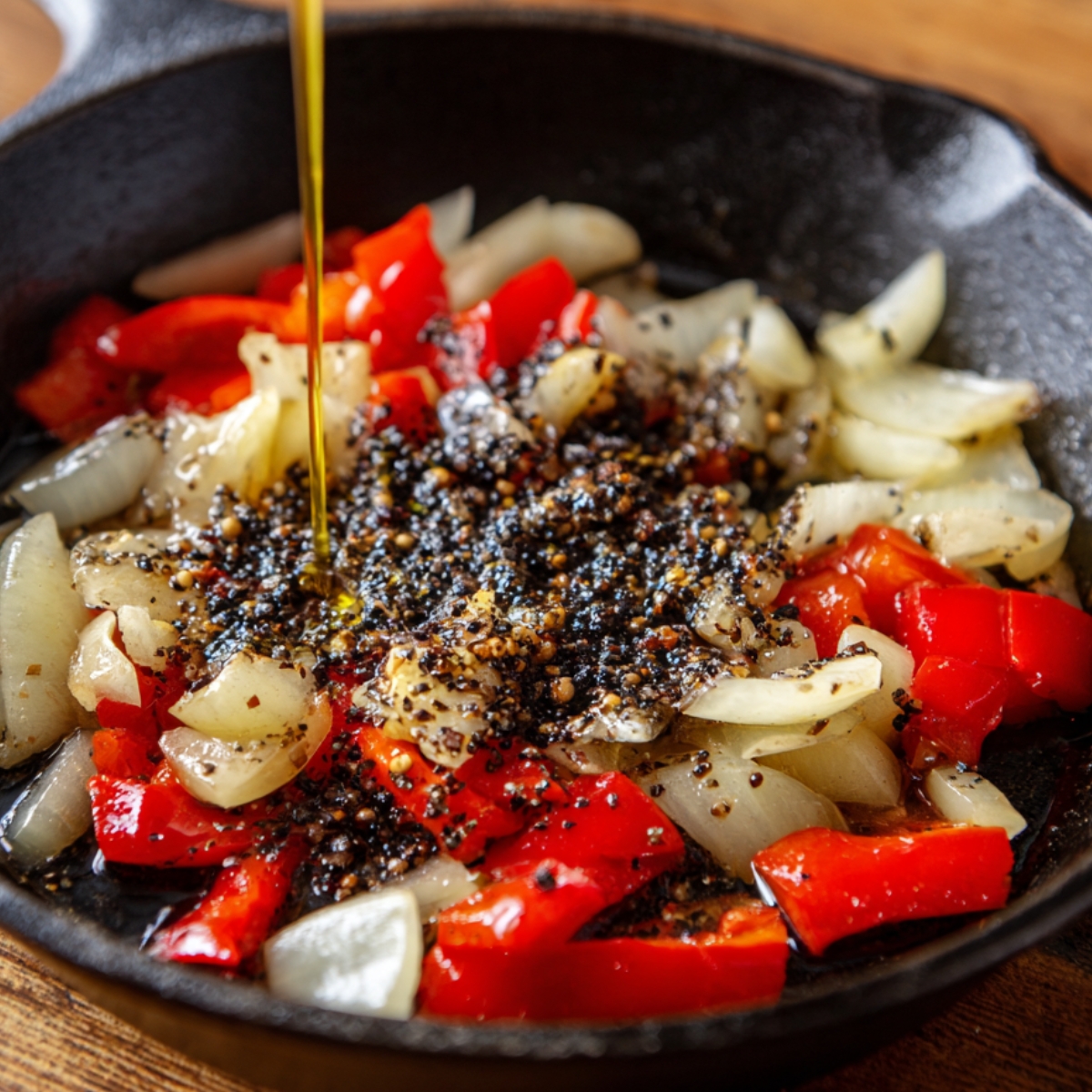 Close-up of chopped onions and red bell peppers being sautéed in a skillet with freshly ground black pepper and oil being drizzled in.