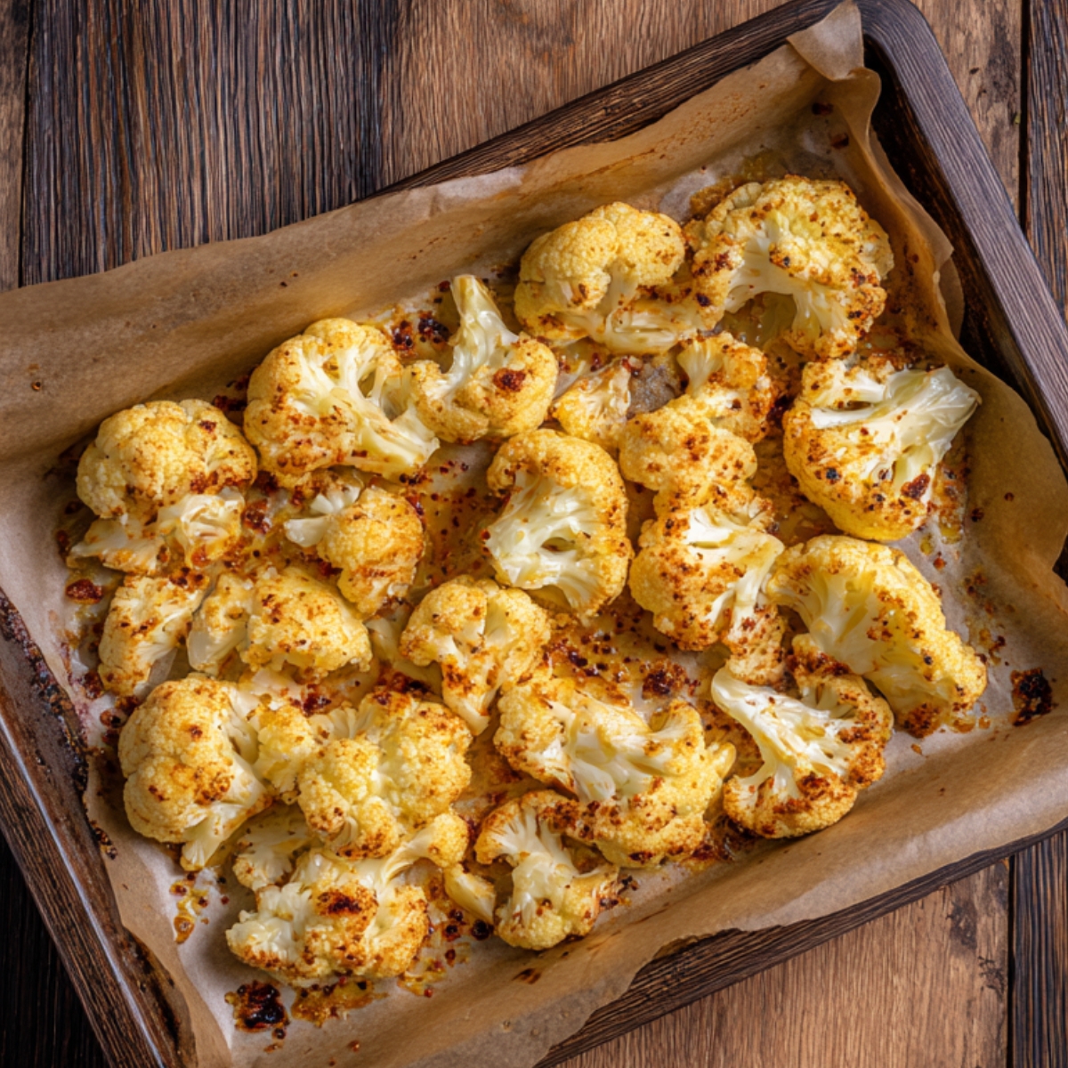 Baked cauliflower florets on a parchment-lined tray