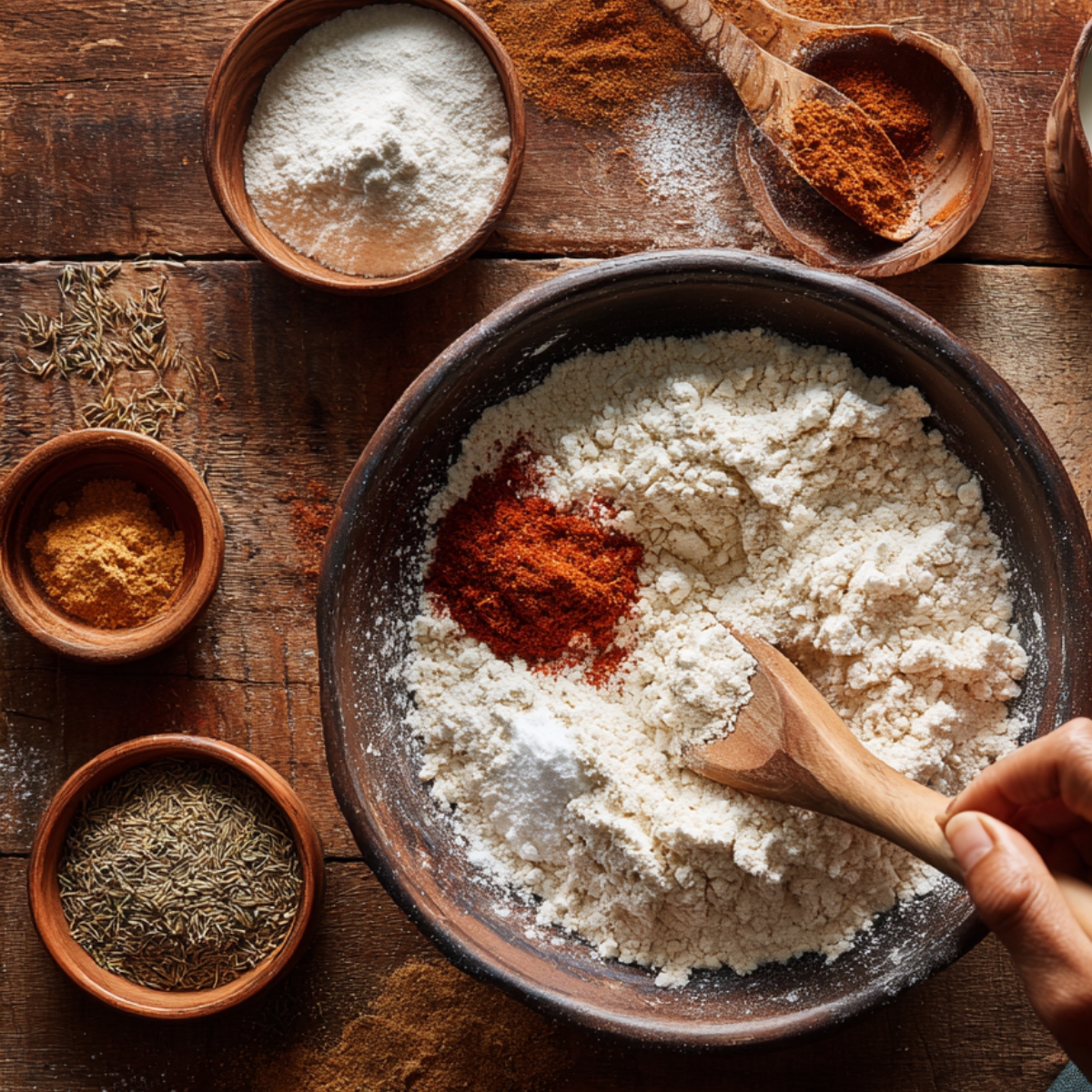 Mixing flour and spices in a bowl with wooden spoon.