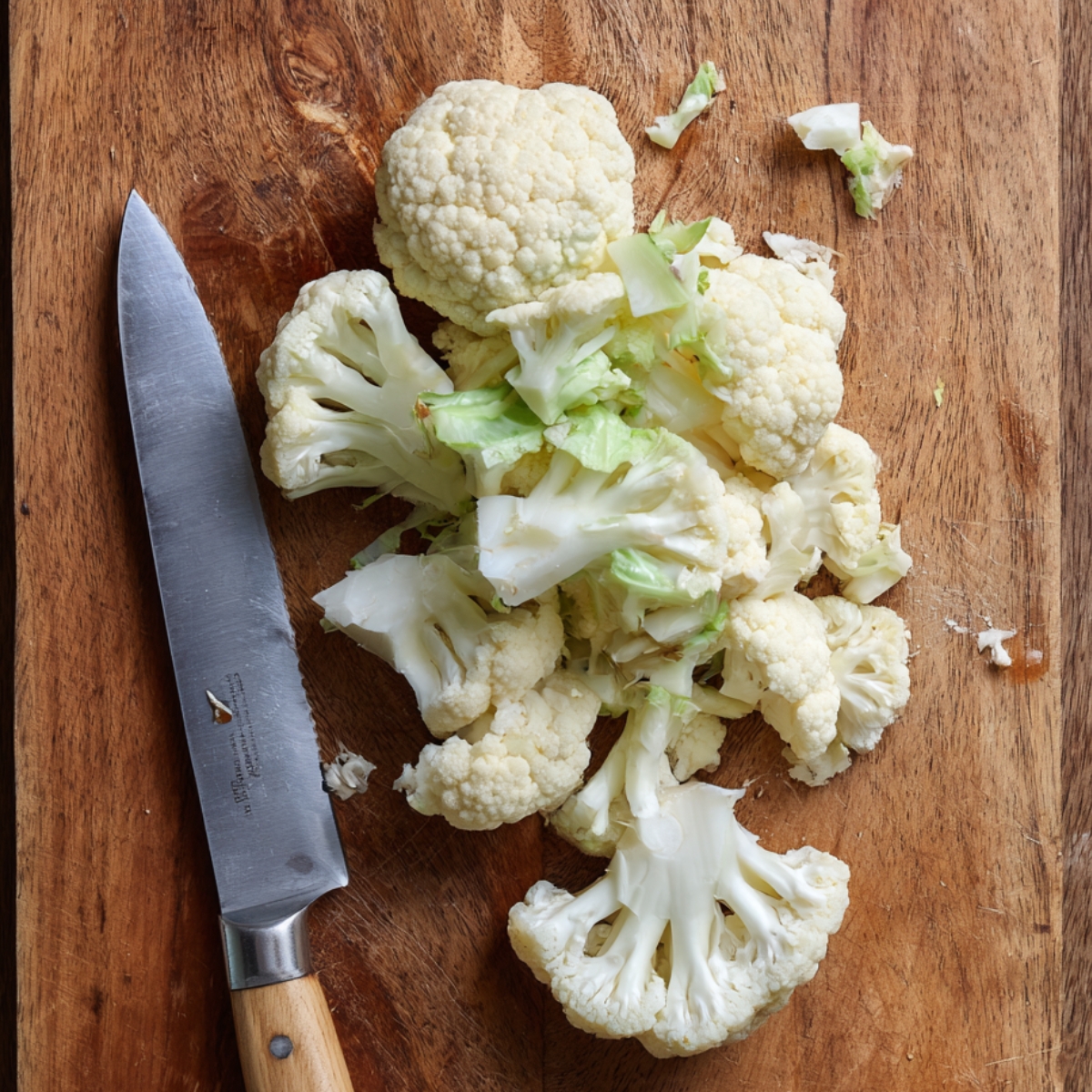 Chopped cauliflower florets on a cutting board with a knife