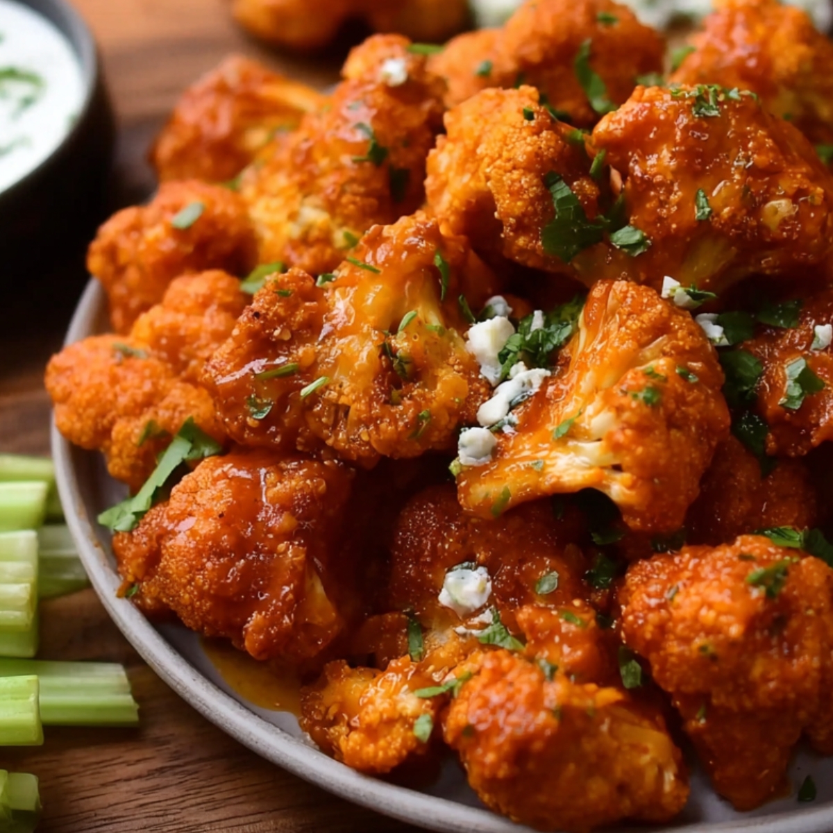 Buffalo cauliflower bites with sauce, garnished with herbs.”