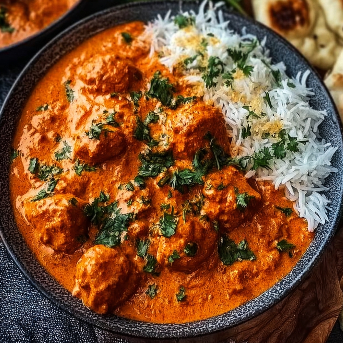 Rich butter chicken with rice, sprinkled with cilantro leaves.