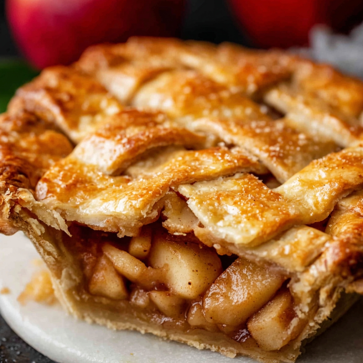 Close-up of a golden-brown baked apple pie slice showing caramelized apple filling and flaky crust.