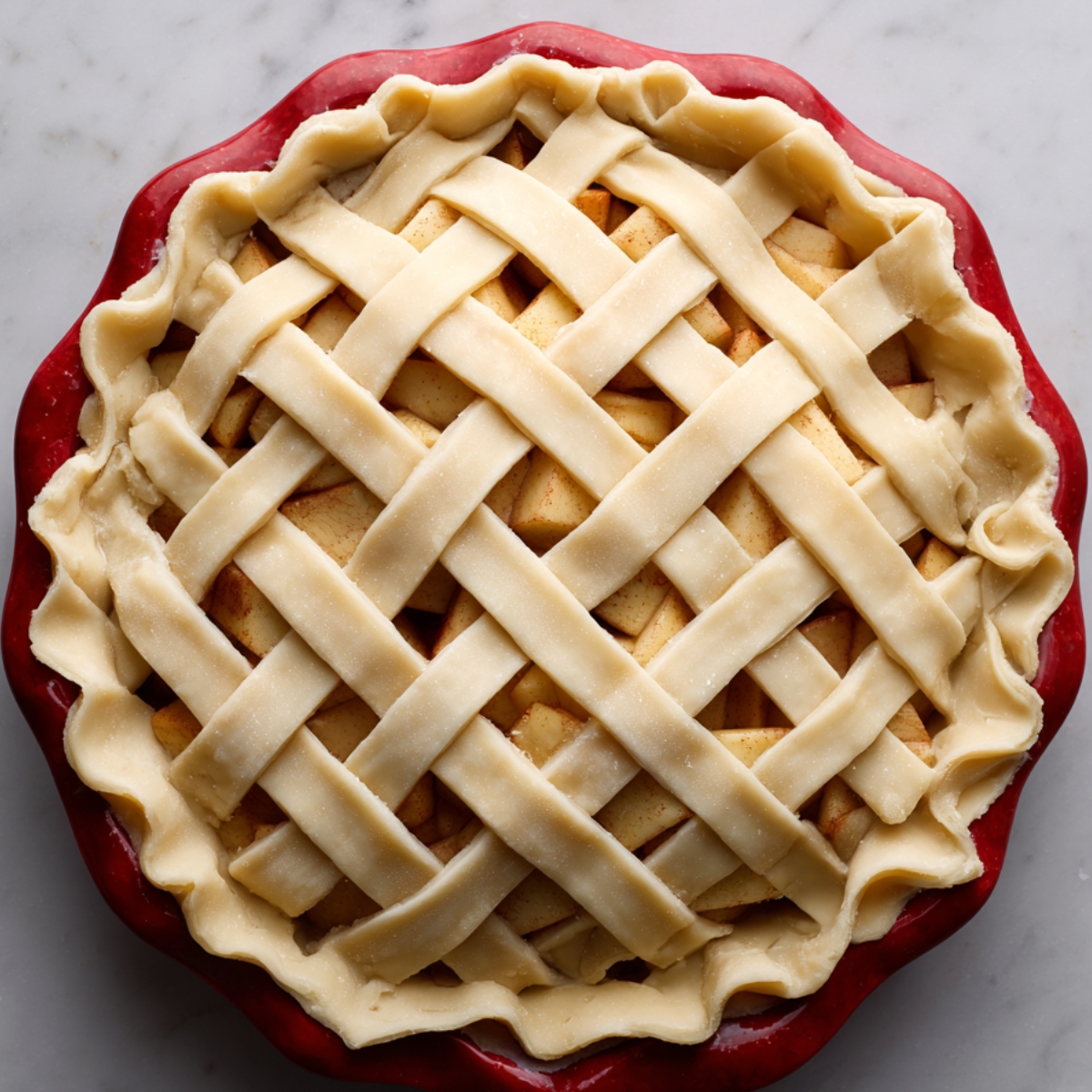 Unbaked apple pie in a red pie dish with a lattice crust pattern on top of the apple filling.