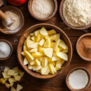 Bowl of sliced apples surrounded by flour, sugar, and cinnamon in small wooden bowls for making apple pie filling.
