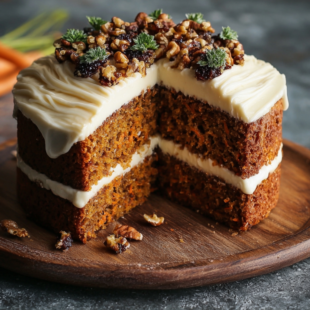 A tall layered Carrot Cake Recipe with cream cheese frosting between layers, topped with walnuts and raisins, with a slice removed to show the texture.