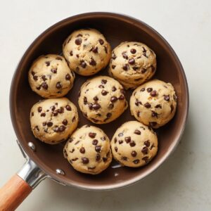 Tutorial-style collage showing cookie dough preparation, baking, and freshly baked cookies.
