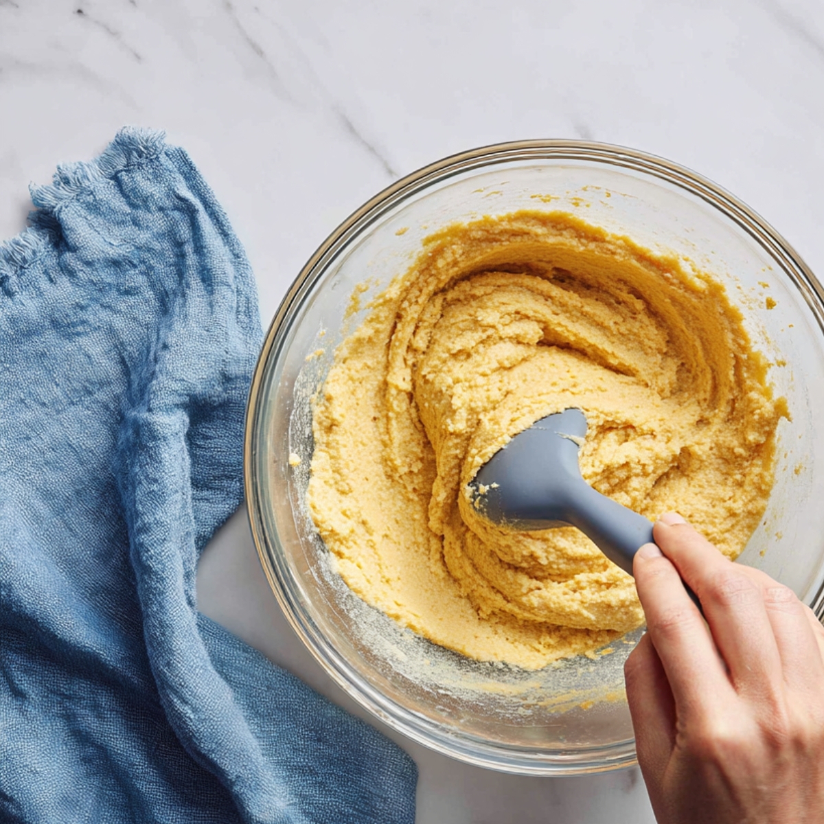 Pouring cornbread batter into a round skillet, ready to bake in the oven.