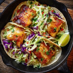 Assembled tacos topped with slaw and creamy sauce.