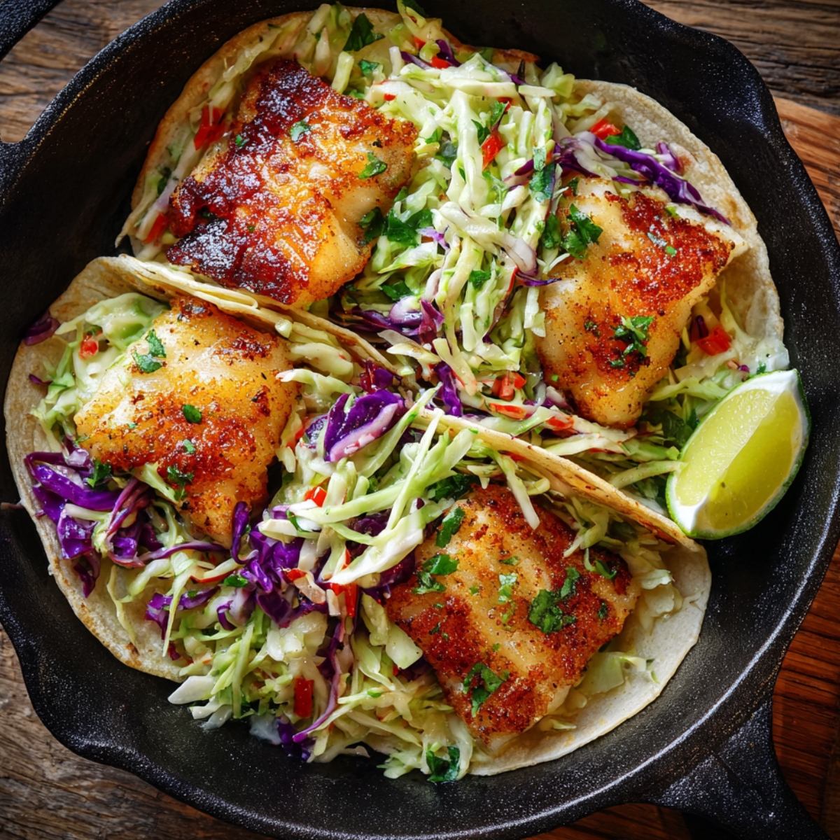 Assembled tacos topped with slaw and creamy sauce.