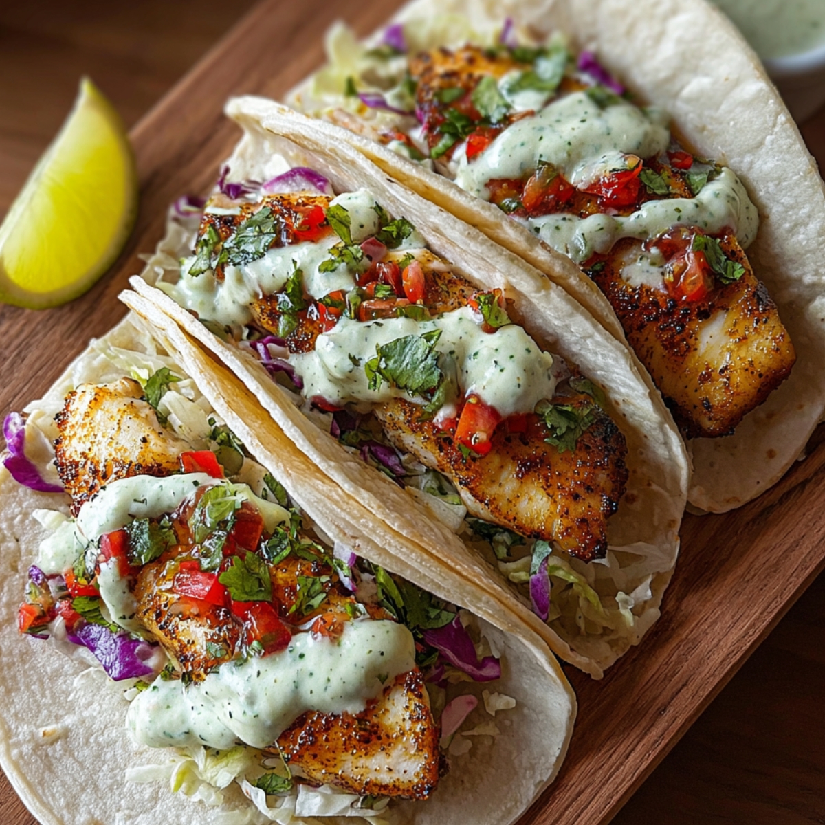 Tortilla being filled with fish and cabbage slaw