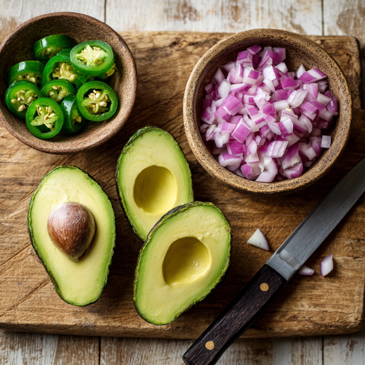 “Halved avocados, chopped red onion, and sliced jalapeños on a cutting board.”