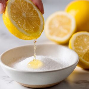 Fresh lemonade being poured from a jug into a tall glass filled with ice and lemon slices.