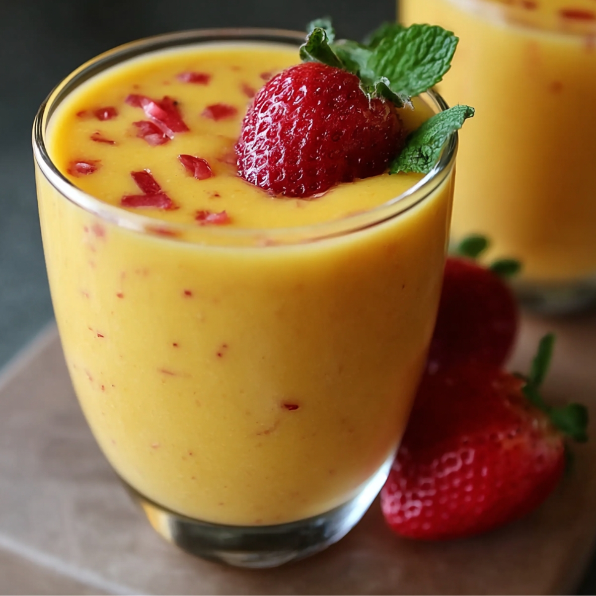 “Mango strawberry smoothie in a clear glass, topped with a strawberry and mint.”
