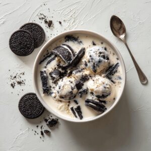 A stack of Oreo cookies with some broken into halves, placed on a wooden surface with crumbs scattered.