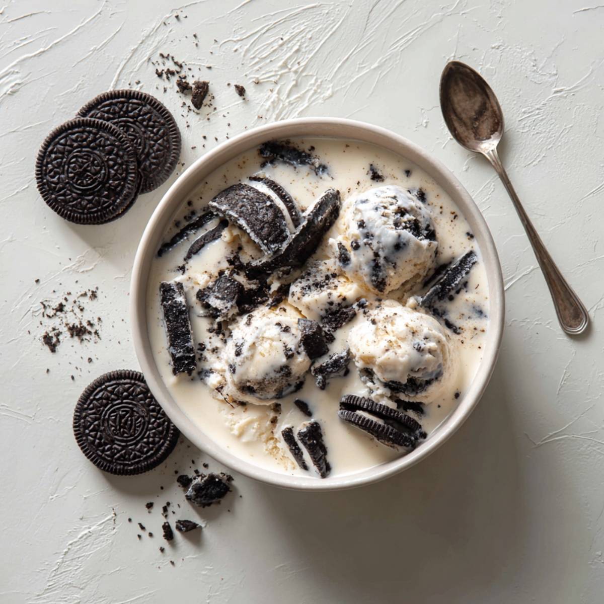 A stack of Oreo cookies with some broken into halves, placed on a wooden surface with crumbs scattered.