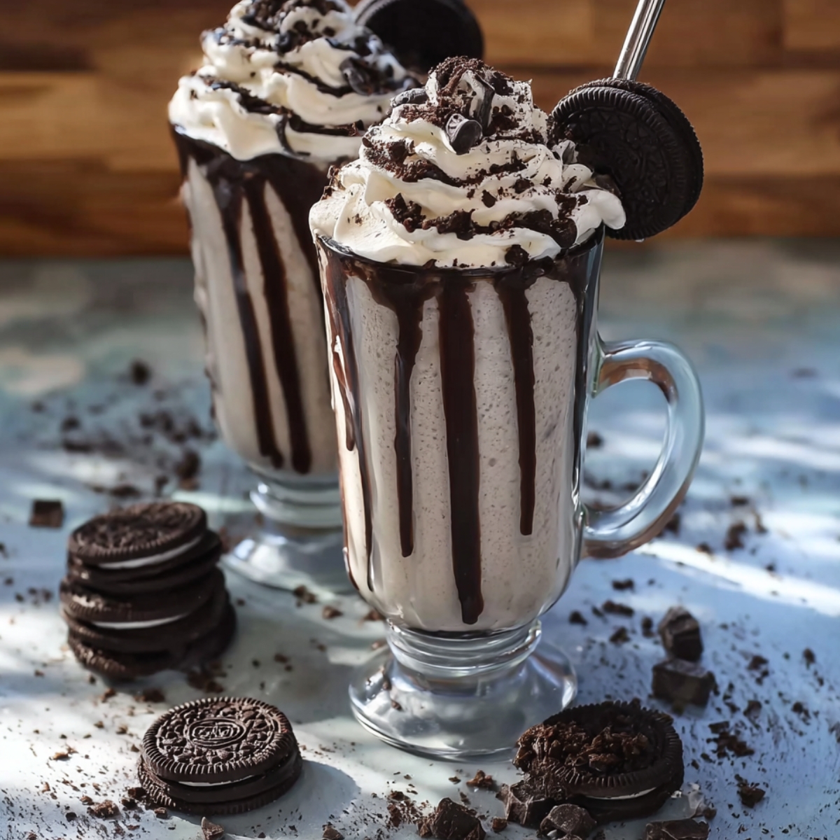 Thick Oreo milkshake being poured into a tall glass, with chocolate syrup streaks on the inside of the glass.