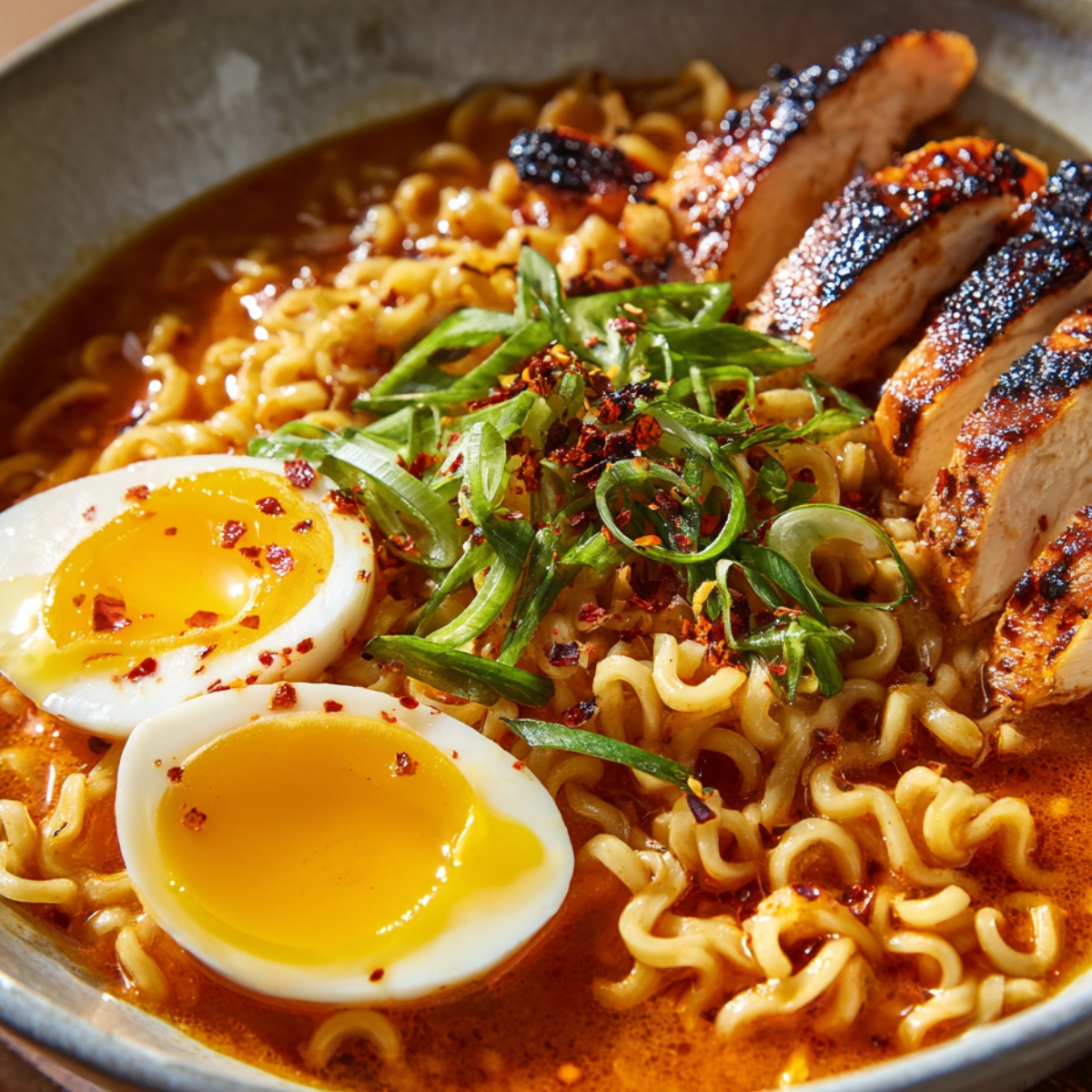 A close-up of a ramen bowl topped with sliced grilled chicken, soft-boiled egg, chopped scallions, and chili flakes in a rich, spicy broth.