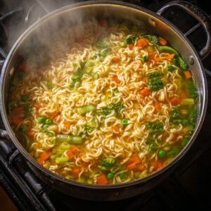 A pot of ramen cooking on the stove with broccoli, carrots, peas, and green beans mixed into the broth and noodles.