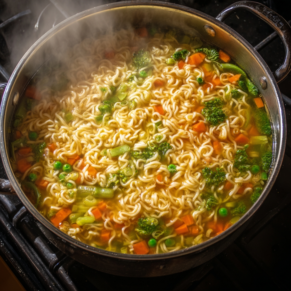 A pot of ramen cooking on the stove with broccoli, carrots, peas, and green beans mixed into the broth and noodles.