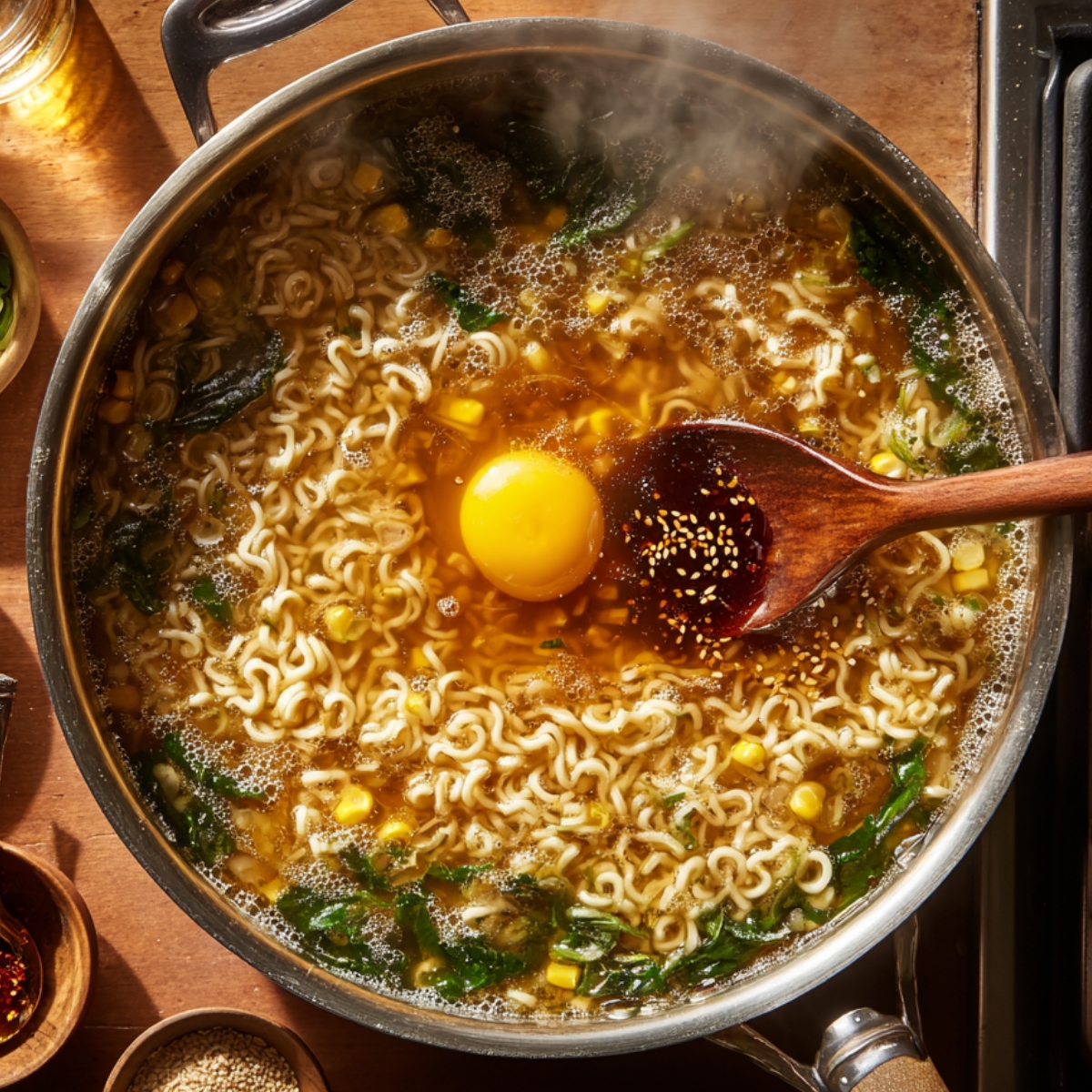 A pot of ramen simmering with broth, leafy greens, corn, and noodles, topped with a raw egg, sesame seeds, and a wooden spoon stirring the soup.