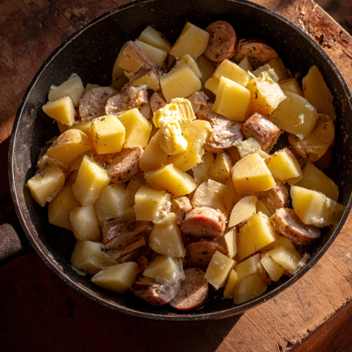 Hands mixing diced potatoes and sausage with ranch seasoning and oil in a large bowl before baking.