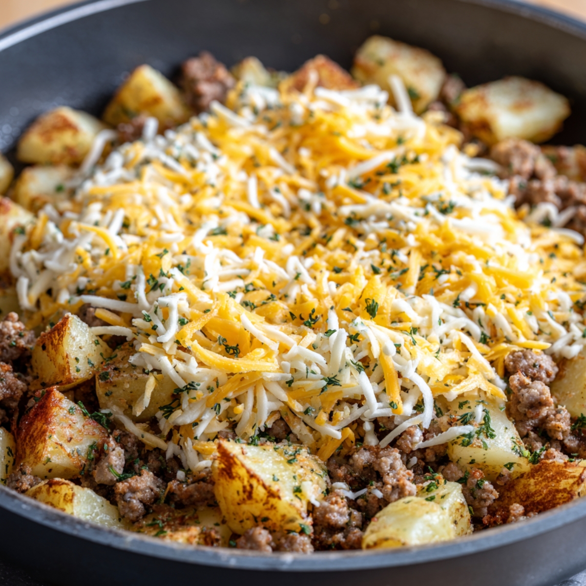 Step-by-step process of roasting potatoes and sausage on a baking sheet with melted cheese and ranch seasoning.