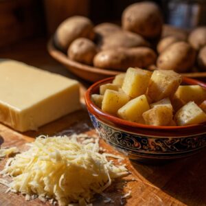 Process collage showing preparation of cheesy ranch potatoes and sausage from raw ingredients to baked dish.
