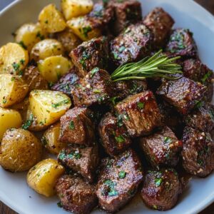 "Crispy garlic butter potatoes served with juicy steak bites on a white plate, garnished with fresh rosemary."