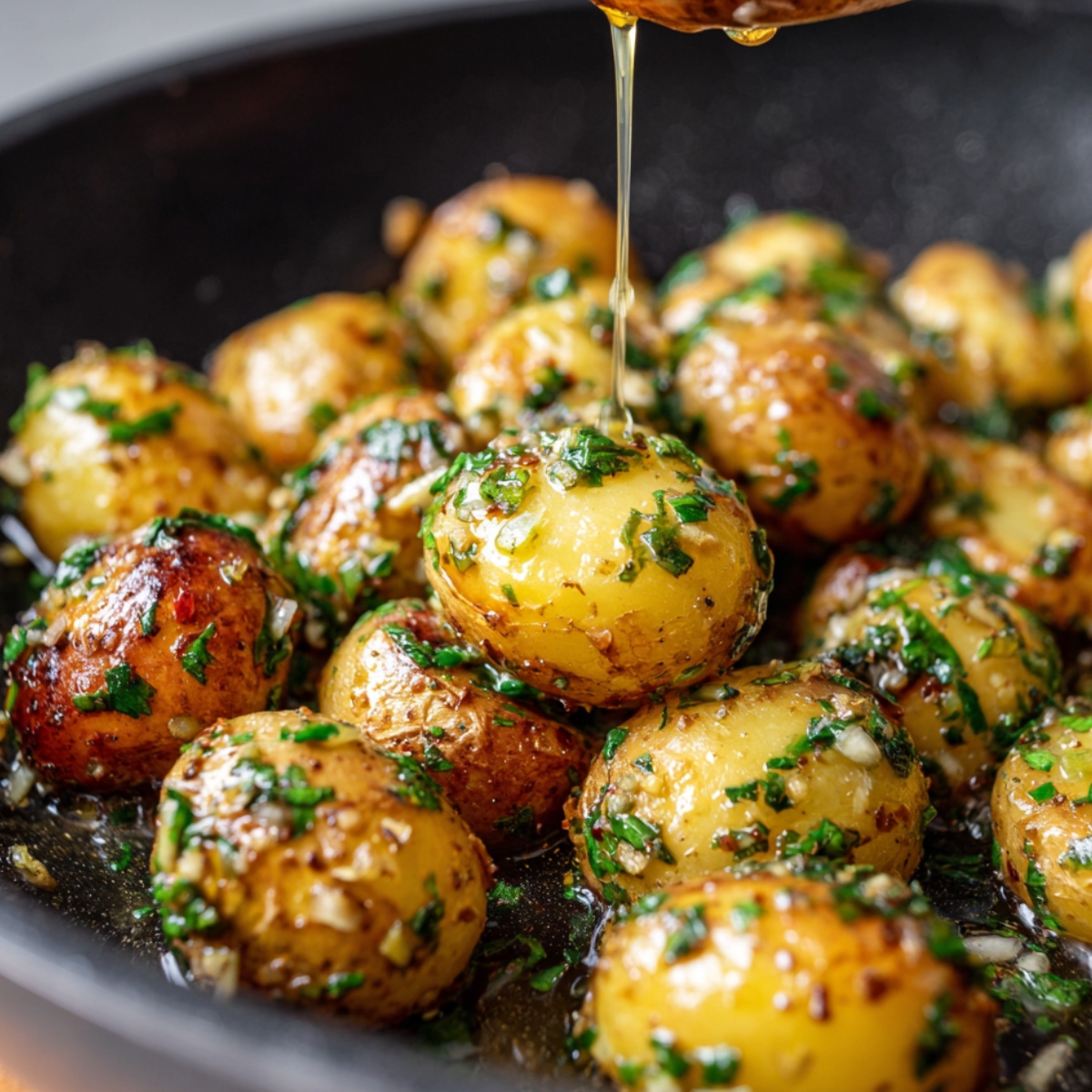"Golden baby potatoes sautéed with garlic, fresh herbs, and butter in a skillet, drizzled with olive oil."