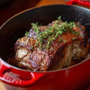 "Juicy, seared steak roast in a red Dutch oven, seasoned and topped with fresh thyme sprigs."