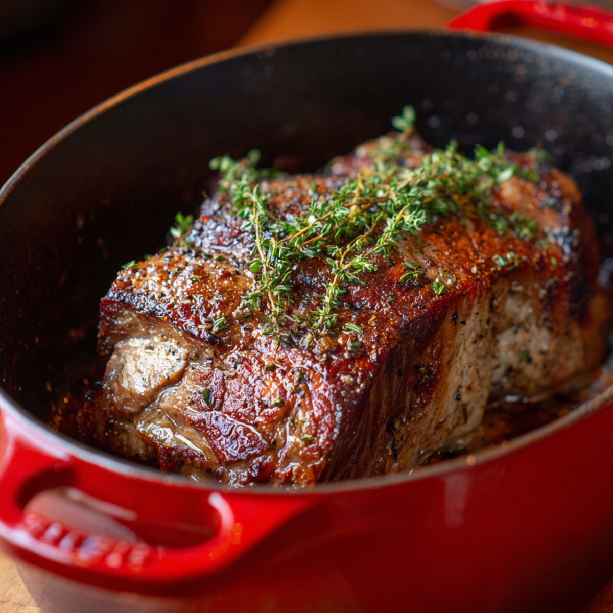 "Juicy, seared steak roast in a red Dutch oven, seasoned and topped with fresh thyme sprigs."